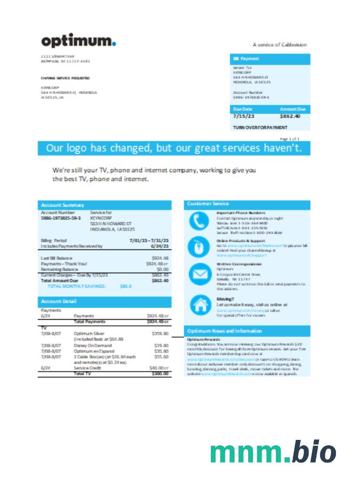 New York Optimum cablevision business bill